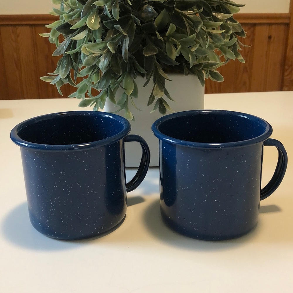 Set of 2 Vintage Blue Speckled Enamel camping Coffee Mugs
